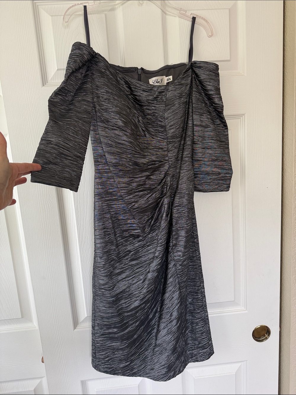 Eliza J Off the Shoulder Ruched Cocktail Dress — Charcoal Metallic